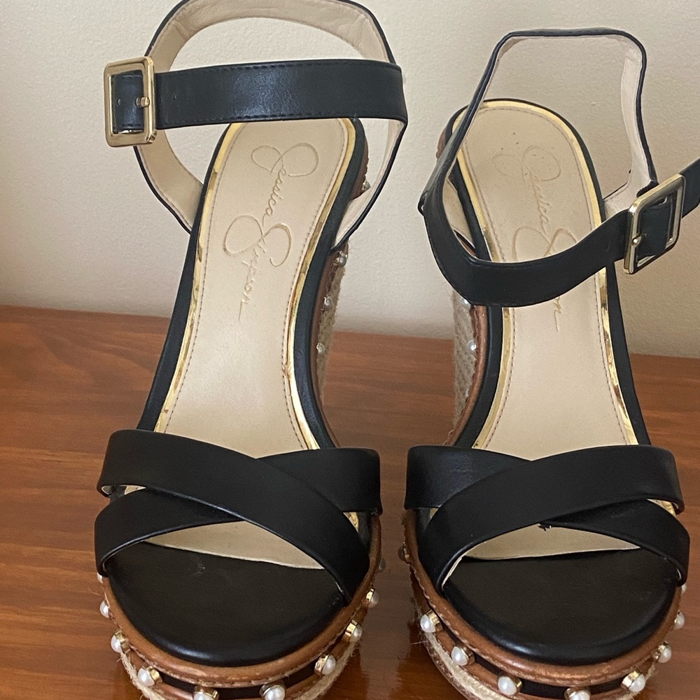Jessica Simpson Black Wedge Sandals with Cross-Strap Design